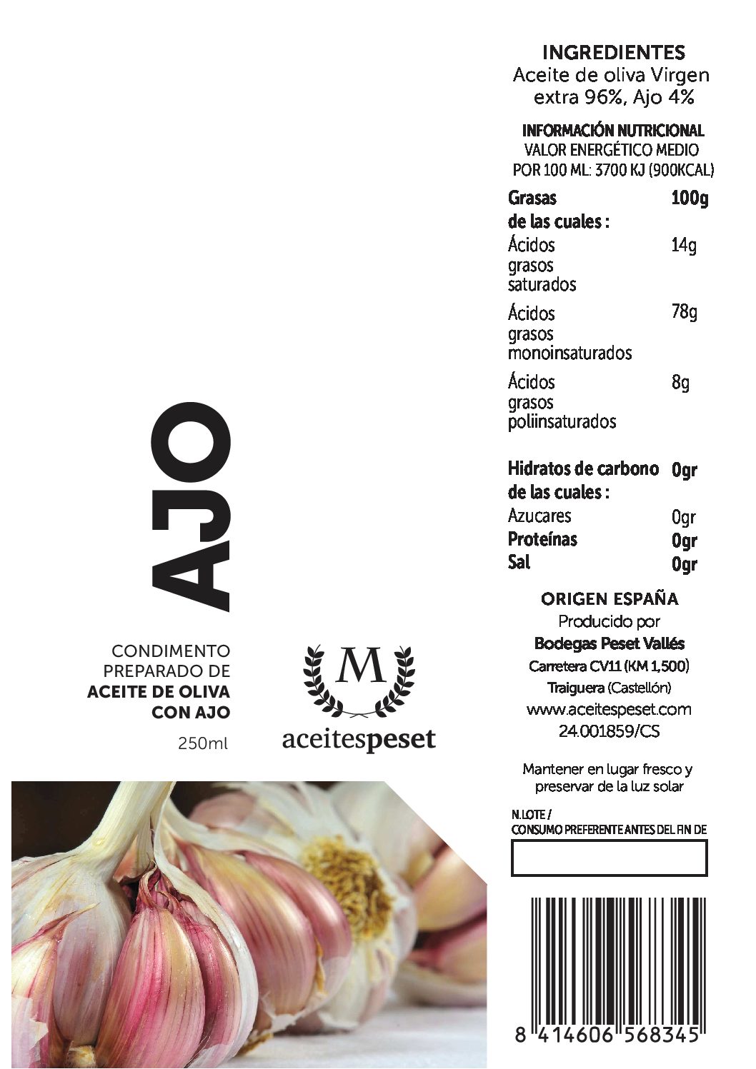 Ulei de Măsline cu Usturoi Aceites Peset, 250 ml. foto 2