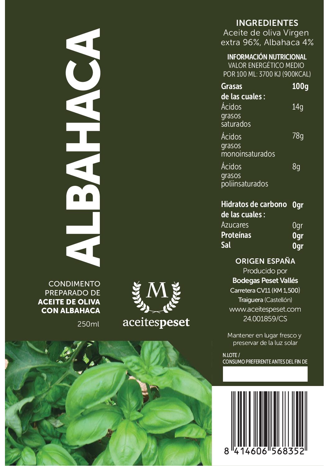 Ulei de Măsline cu Busuioc Aceites Peset, 250 ml. foto 2
